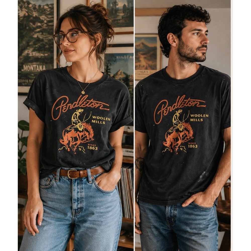 Pendleton Woolen Mills Graphic T-Shirt Black Western Bronco Rider Mens Large